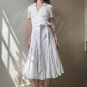 DVF Diane von Furstenberg White Eyelet Wrap Dress 6 Cotton Collared Designer